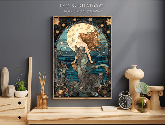 Celestial Mermaid Art Nouveau Room Decor Vintage Mermaid | Siren Celestial Decor Printable Wall Art Vintage Mermaid Aesthetic Dorm Tapestry