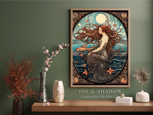 Mermaid Art Nouveau Room Decor Vintage Ocean Aesthetic | Siren Celestial Decor Printable Wall Art Vintage Mermaid Aesthetic Dorm Tapestry |