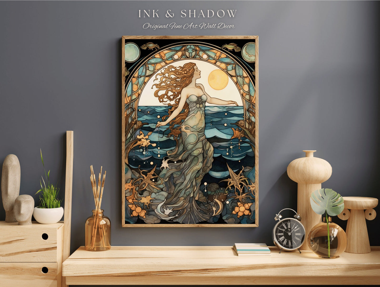 Ethereal Mermaid Art Nouveau Room Decor Vintage Art Print | Siren Celestial Decor Printable Wall Art Vintage Mermaid Aesthetic Dorm Tapestry