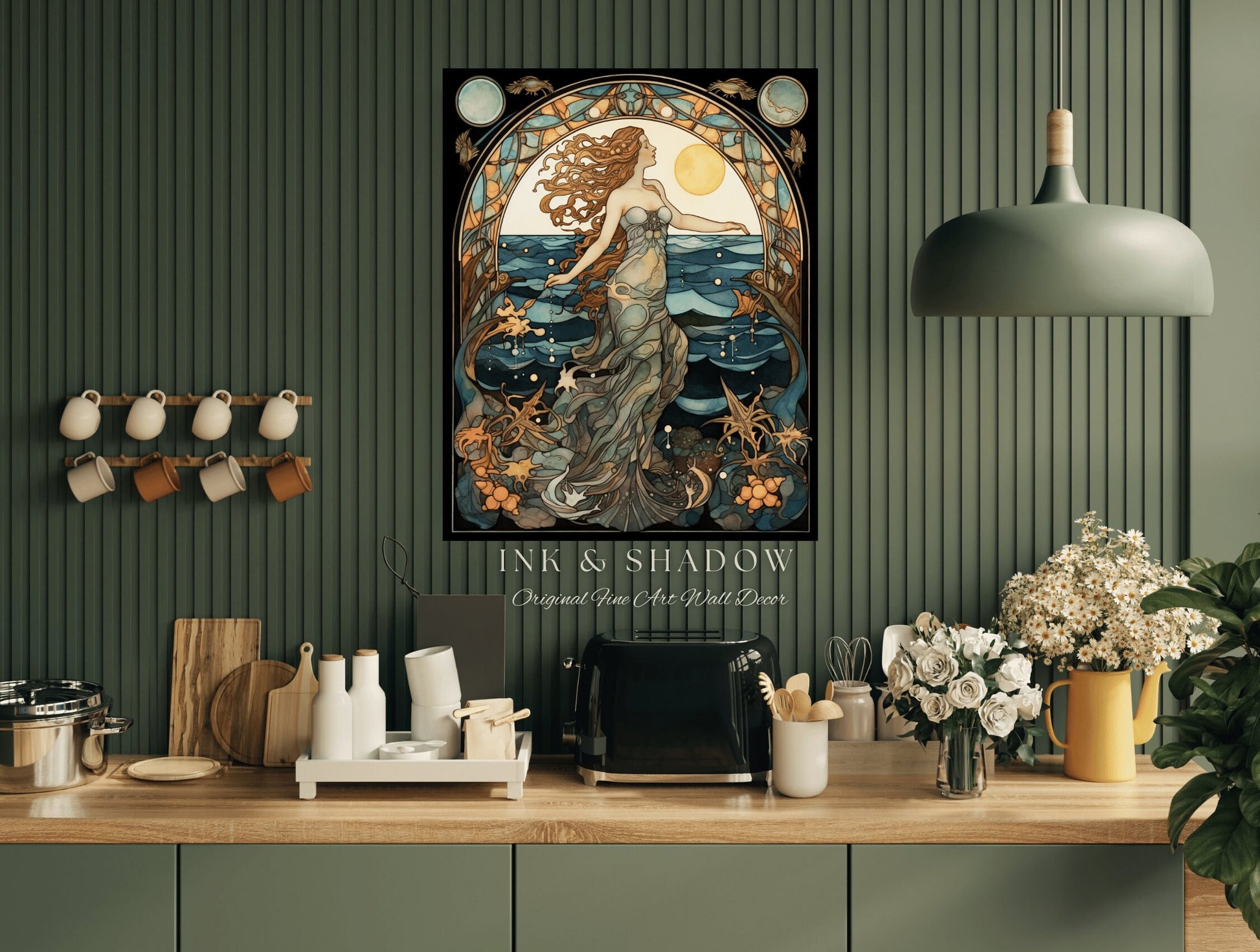 Ethereal Mermaid Art Nouveau Room Decor Vintage Art Print | Siren Celestial Decor Printable Wall Art Vintage Mermaid Aesthetic Dorm Tapestry