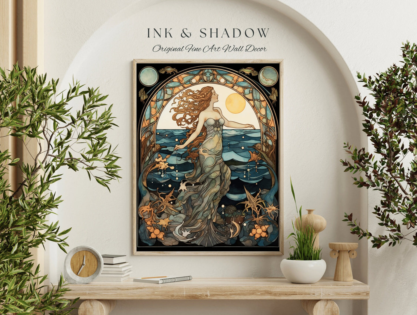 Ethereal Mermaid Art Nouveau Room Decor Vintage Art Print | Siren Celestial Decor Printable Wall Art Vintage Mermaid Aesthetic Dorm Tapestry