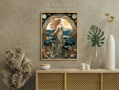 Ethereal Mermaid Art Nouveau Room Decor Vintage Art Print | Siren Celestial Decor Printable Wall Art Vintage Mermaid Aesthetic Dorm Tapestry