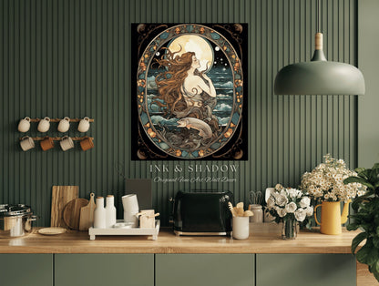 Witchy Mermaid Art Nouveau Room Decor Vintage Art Print | Siren Celestial Decor Printable Wall Art Vintage Mermaid Aesthetic Dorm Tapestry