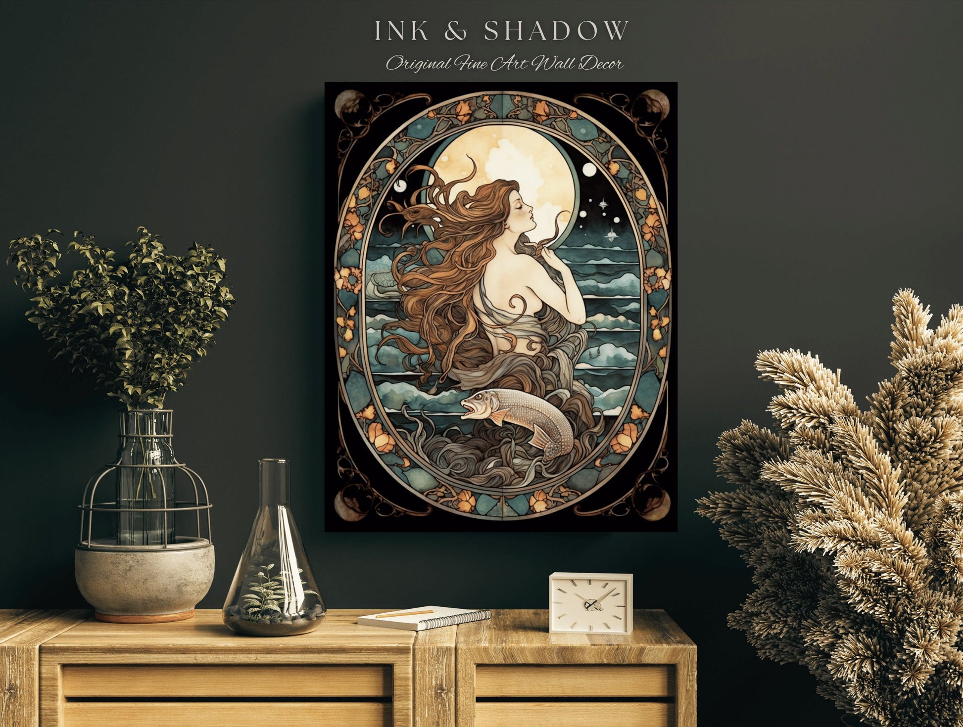 Witchy Mermaid Art Nouveau Room Decor Vintage Art Print | Siren Celestial Decor Printable Wall Art Vintage Mermaid Aesthetic Dorm Tapestry