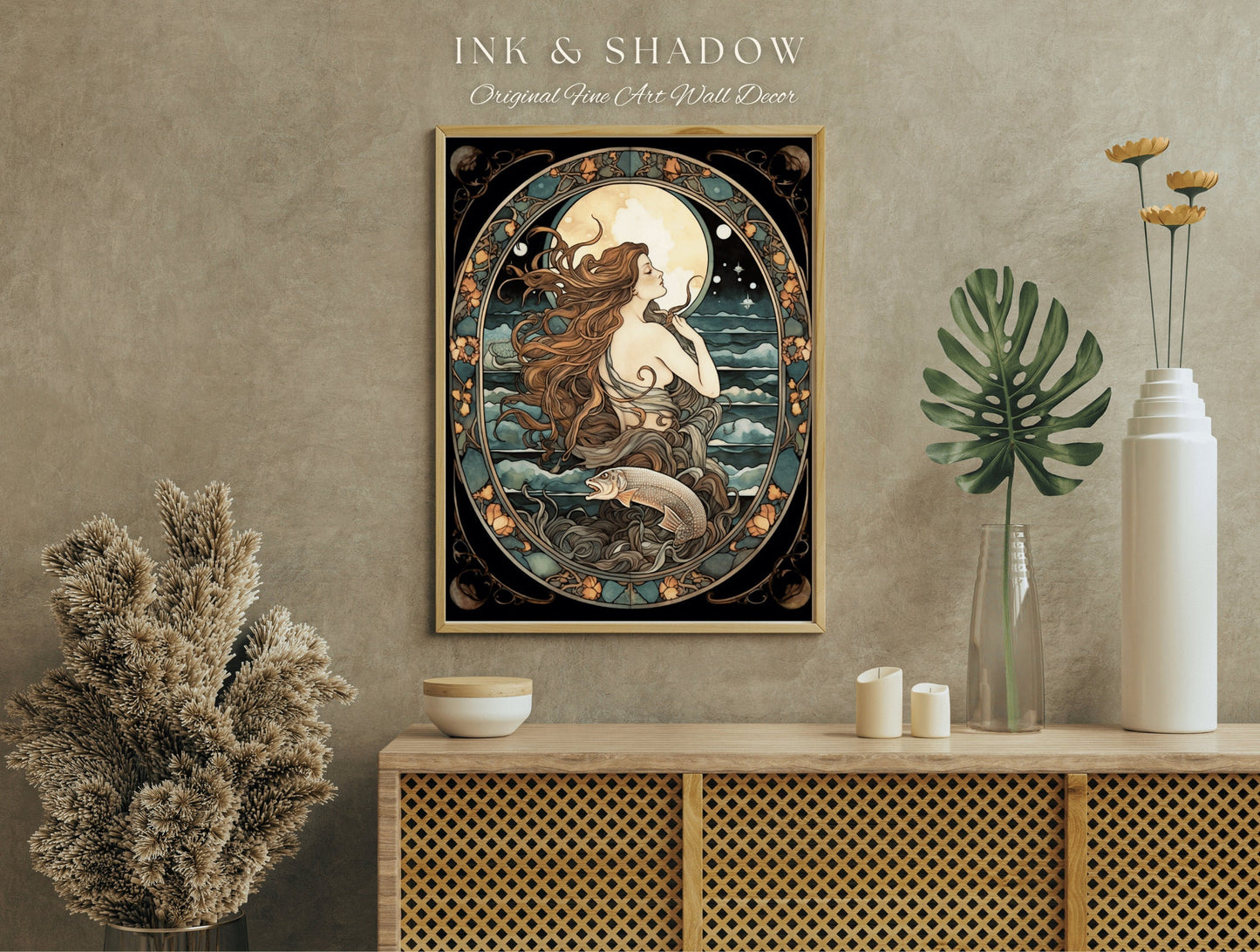 Witchy Mermaid Art Nouveau Room Decor Vintage Art Print | Siren Celestial Decor Printable Wall Art Vintage Mermaid Aesthetic Dorm Tapestry