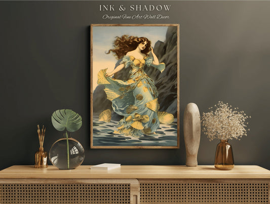 Antique Siren Wall Art Nouveau Room Decor Vintage Print | Siren Celestial Decor Printable Wall Art Vintage Mermaid Aesthetic Dorm Tapestry