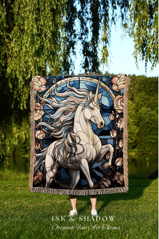 Stained Glass Unicorn Blanket Woven Tapestry | Vintage Unicorn Art Ethereal Tapestry Woven | Magical Unicorn Room Decor Mythical Wall Art |