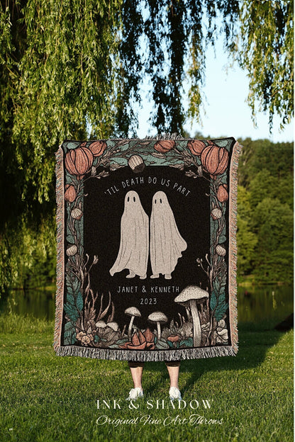 Ghost Friends 'Til Death do us Part' Personalized Blanket | Spooky Halloween Tapestry Woven Ghost Gifts Thoughtful Wedding Anniversary Gift