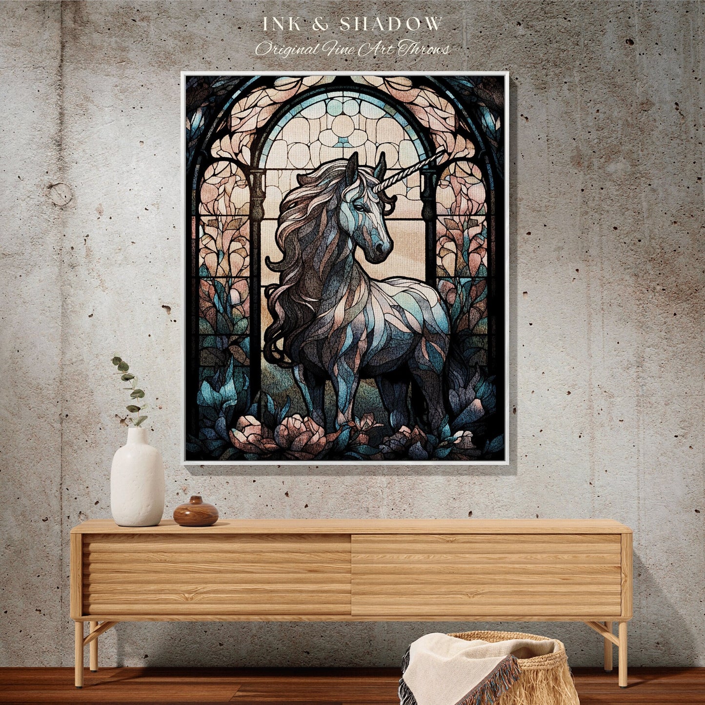 Fairycore Unicorn Blanket Stained Glass Tapestry Vintage Unicorn Art Ethereal Tapestry Woven | Magical Unicorn Room Decor Mythical Wall Art