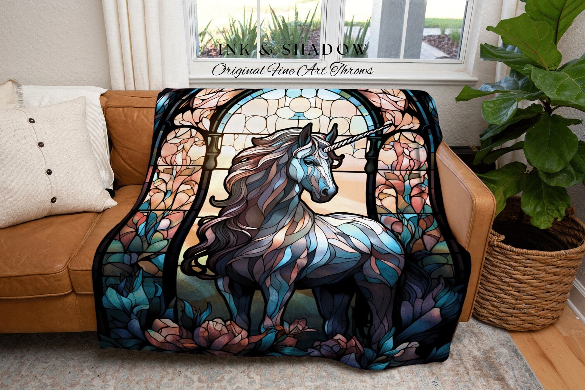 Fairycore Unicorn Blanket Stained Glass Tapestry Vintage Unicorn Art Ethereal Tapestry Woven | Magical Unicorn Room Decor Mythical Wall Art