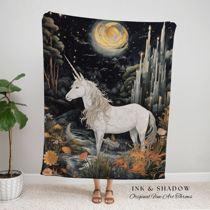 Folklore Blanket Unicorn Tapestry Woven | Ethereal Decor Unicorn Tapestry Cottagecore | Fairycore Decor Magical Tapestry Unicorn Vintage Art