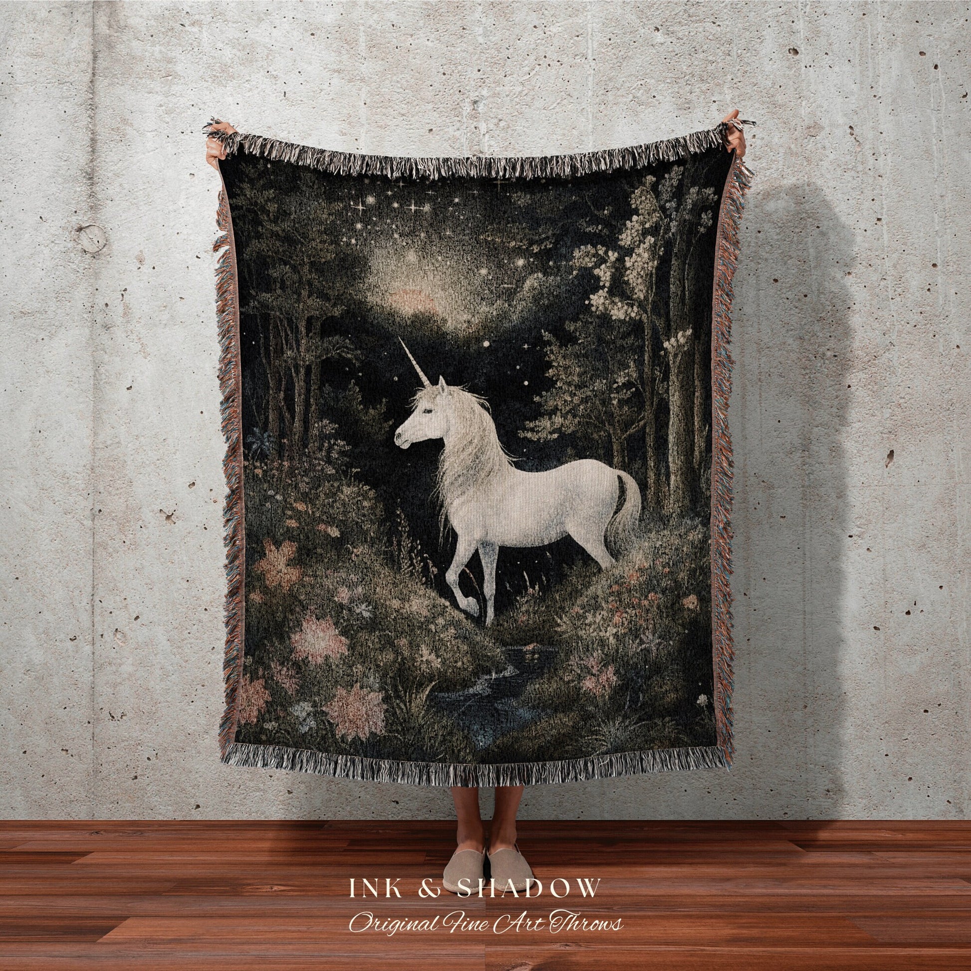 Fairytale Aesthetic Unicorn Blanket Woven | Ethereal Decor Tapestry Cottagecore | Fairycore Room Decor Magical Tapestry Unicorn Vintage Art