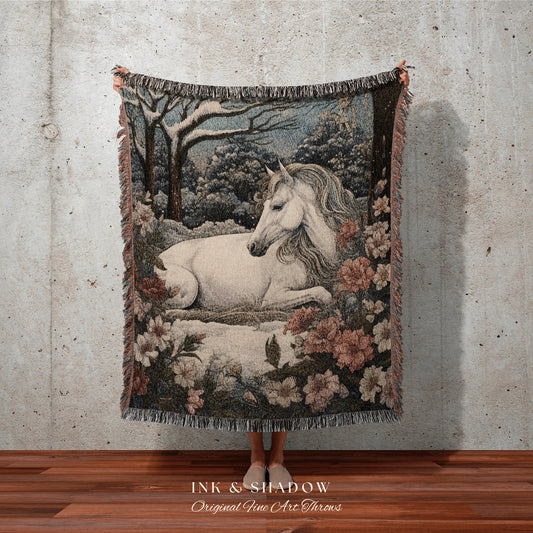 Floral Cottagecore Whimsical Horse Woven Blanket Magical Fairycore Forestcore Decor | Ethereal Aesthetic Whimsigothic Winter Tapestry Throw