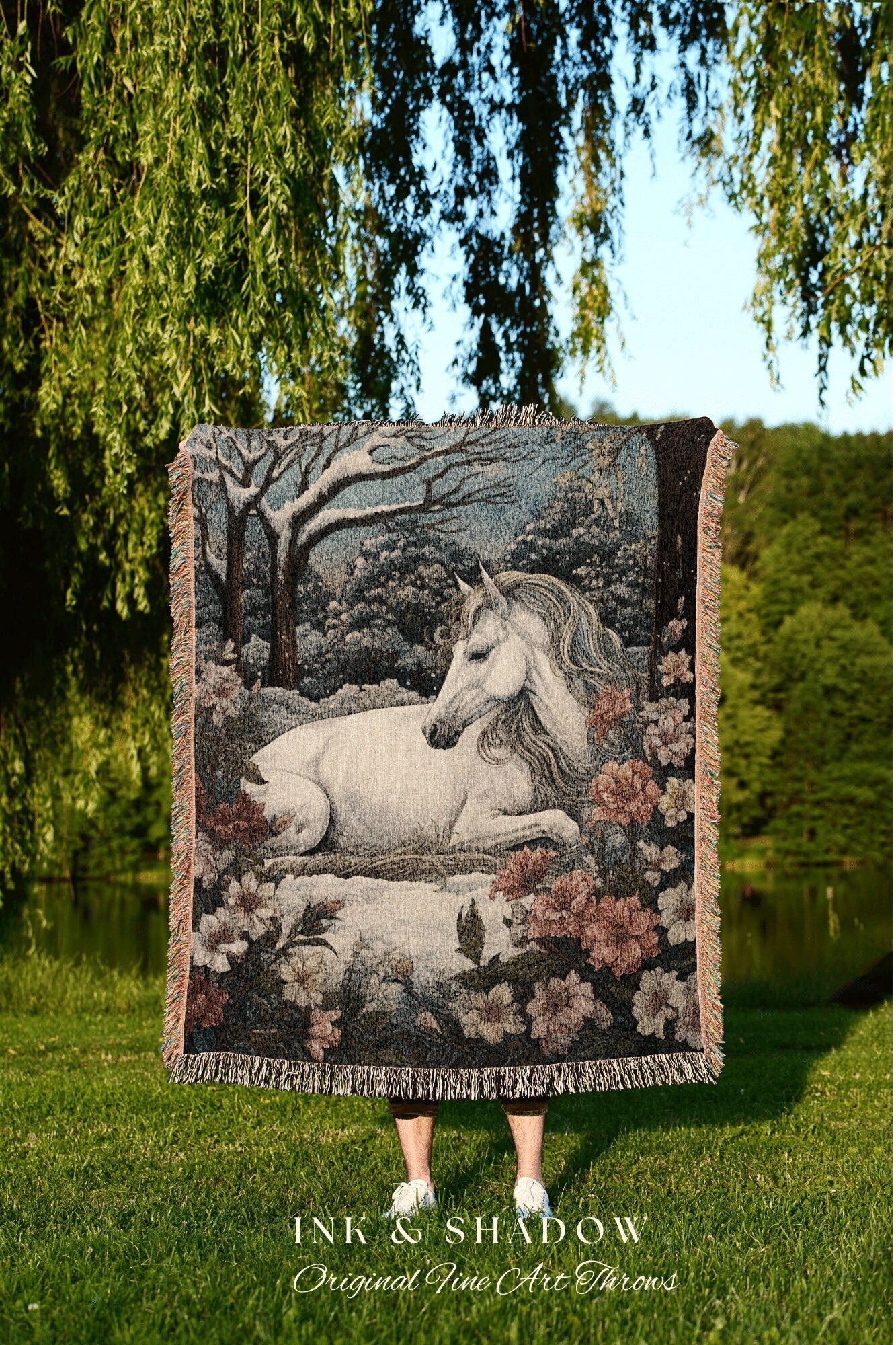 Floral Cottagecore Whimsical Horse Woven Blanket Magical Fairycore Forestcore Decor | Ethereal Aesthetic Whimsigothic Winter Tapestry Throw