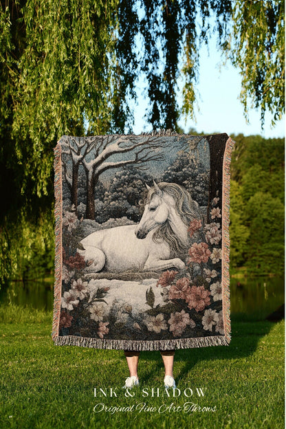 Floral Cottagecore Whimsical Horse Woven Blanket Magical Fairycore Forestcore Decor | Ethereal Aesthetic Whimsigothic Winter Tapestry Throw