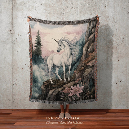 Pastel Landscape Unicorn Wall Art Ethereal Room Decor Vintage Cottagecore | Fairycore Aesthetic Room Decor Magical Tapestry Unicorn Room Art