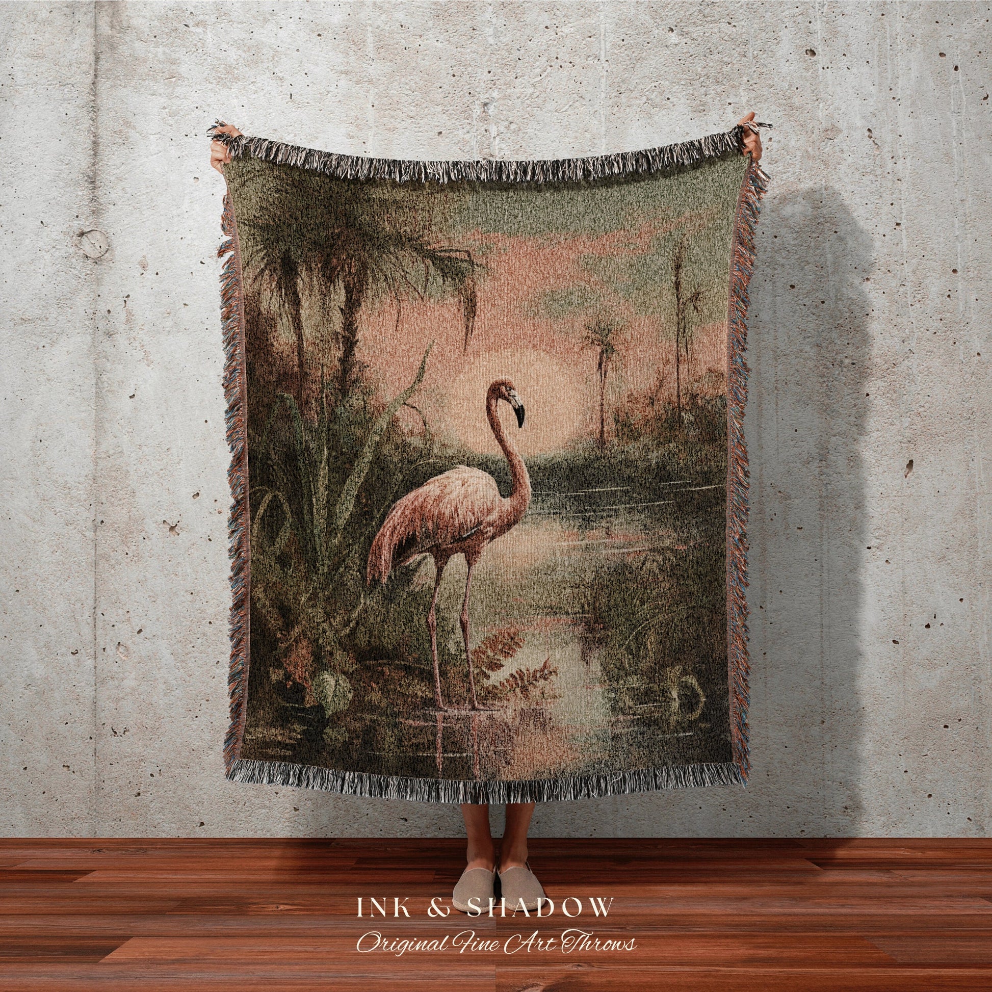 Flamingo Blanket Woven | Jungle Painting Wall Art Beachy Blanket Woven | Flamingo Home Decor Beach House Blanket Tropical Jungle Tapestry |