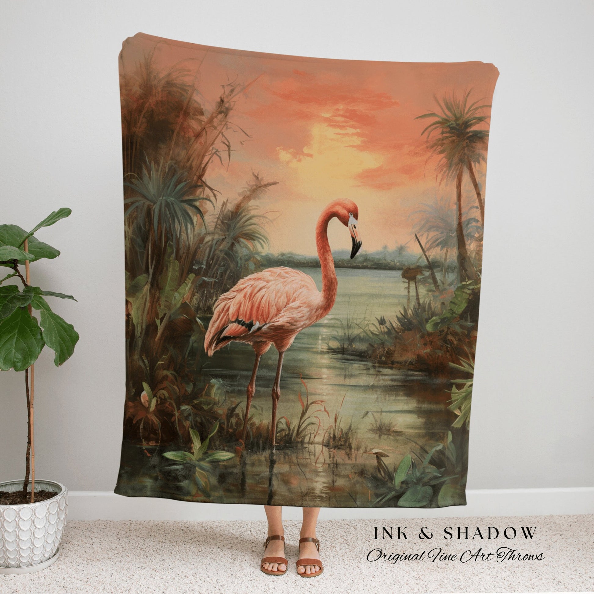 Tropical Flamingo Tapestry Woven Wall Hanging | Jungle Painting Wall Art Beachy Blanket Woven | Flamingo Home Decor Beach House Blanket Art