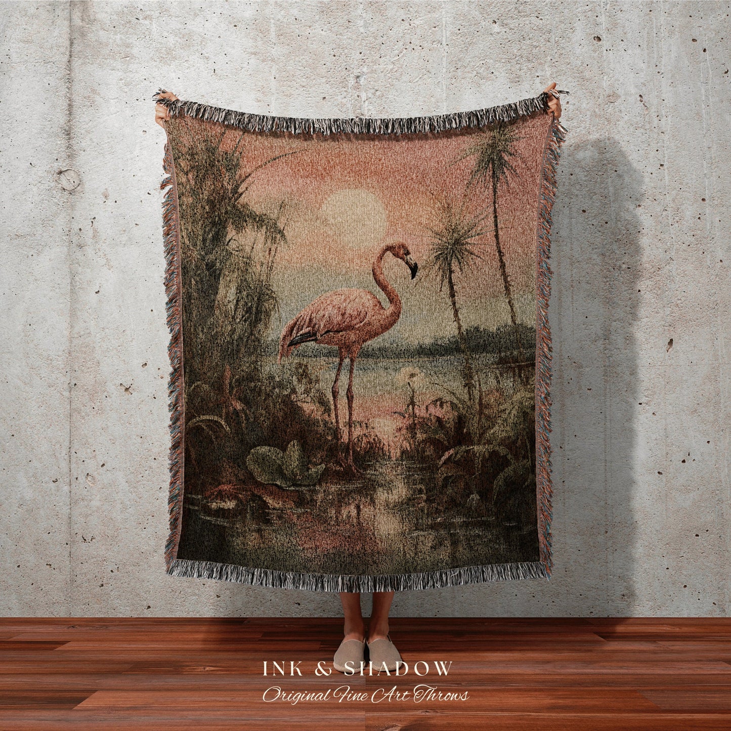 Flamingo Painting Tropical Tapestry Woven Wall Hanging | Jungle Aesthetic Beachy Blanket Woven | Flamingo Home Decor Beach House Blanket |