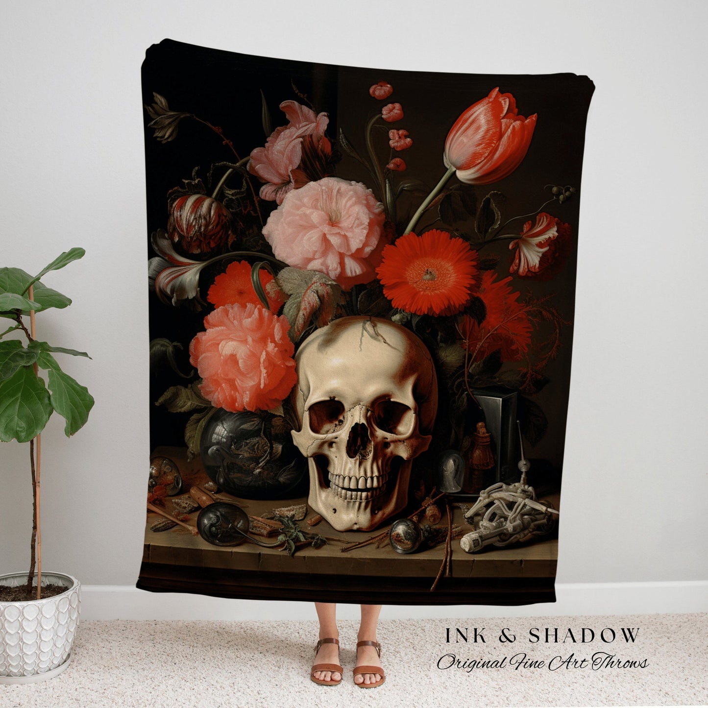 Still Life Skull Painting Tapestry Gothic Room Decor Tapestry Woven Wall Art | Renaissance Blanket Whimsigoth Room Decor Victorian Aesthetic