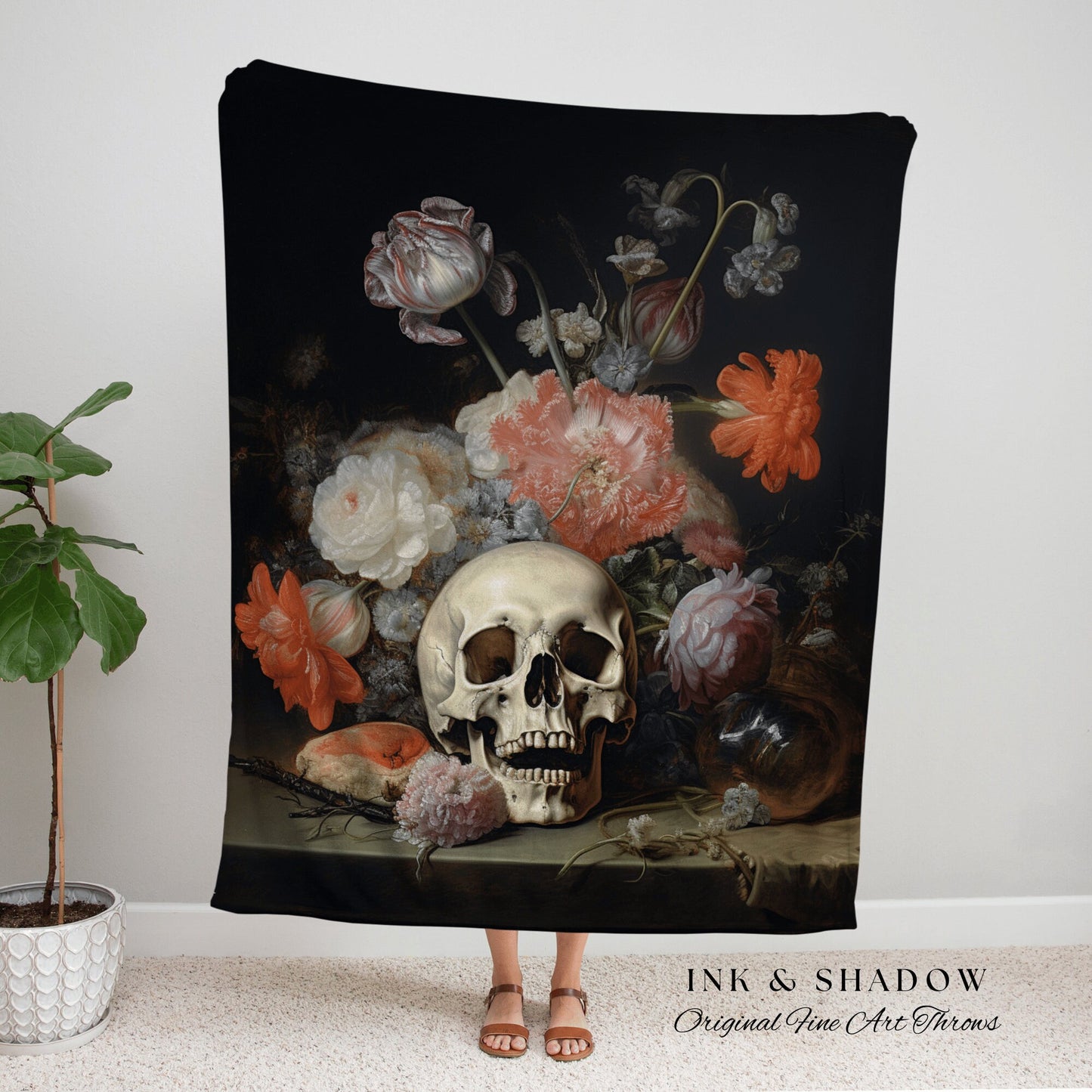 Floral Victorian Gothic Skull Tapestry Woven Wall Hanging | Gothic Renaissance Art Blanket Woven | Whimsigoth Room Decor Floral Art Blanket