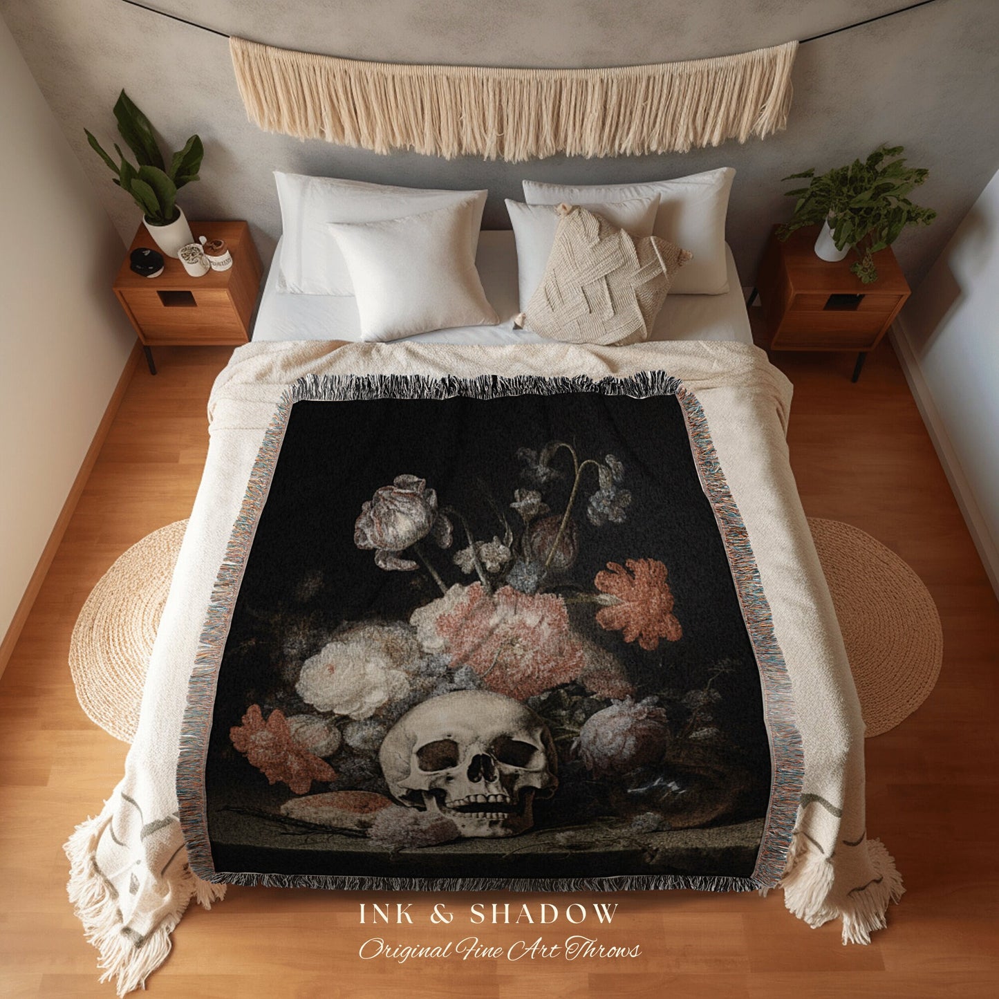 Floral Victorian Gothic Skull Tapestry Woven Wall Hanging | Gothic Renaissance Art Blanket Woven | Whimsigoth Room Decor Floral Art Blanket