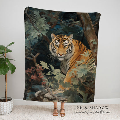 Gothic Tiger Painting Blanket Woven Tapestry | Renaissance Blanket Woven Blanket Jungle Cat | Whimsigoth Room Decor Jungle Aesthetic Blanket