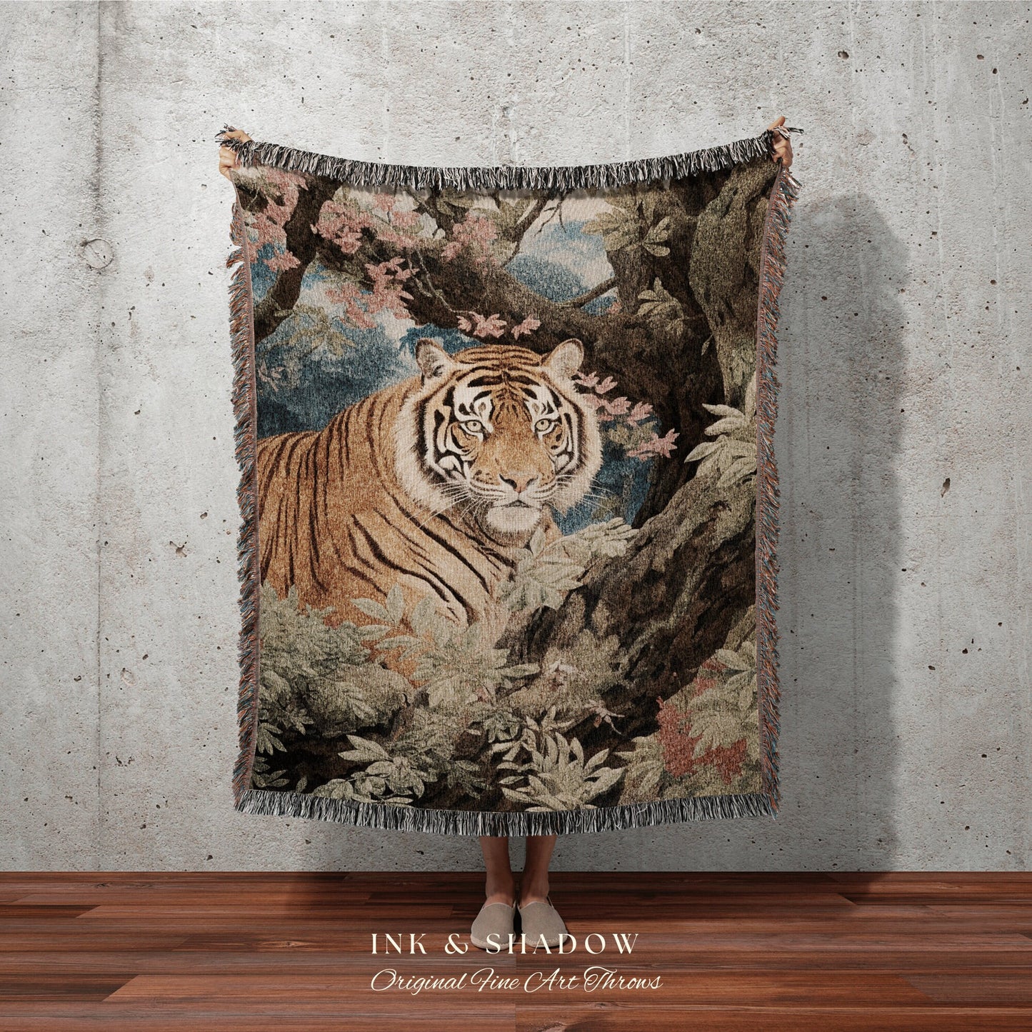 Vintage Tiger Blanket Woven Tapestry | Gothic Renaissance Blanket Woven Blanket Jungle Cat | Whimsigoth Room Decor Jungle Aesthetic Blanket