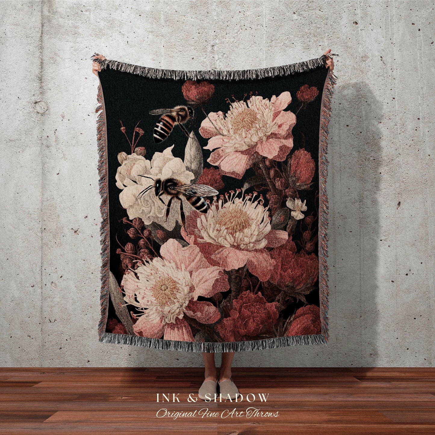 Victorian Gothic Bee Tapestry Woven Wall Hanging | Vintage Floral Painting Blanket Woven | Pastel Decor Bee Aesthetic Floral Dorm Room Decor