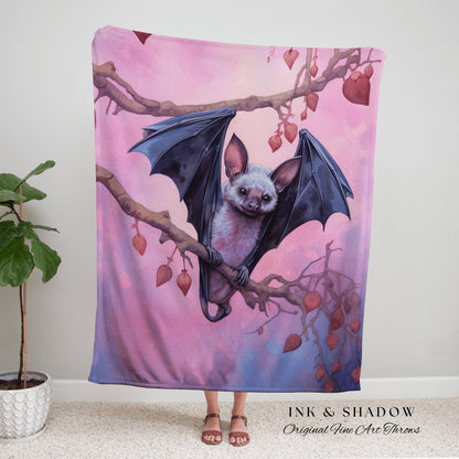 Cute Bat Tapestry Woven Blanket Whimsigoth Decor | Pastel Goth Tapestry Pink Bedroom Decor Fruit Bat Pink Pastel Wall Art Gothic Dorm Room