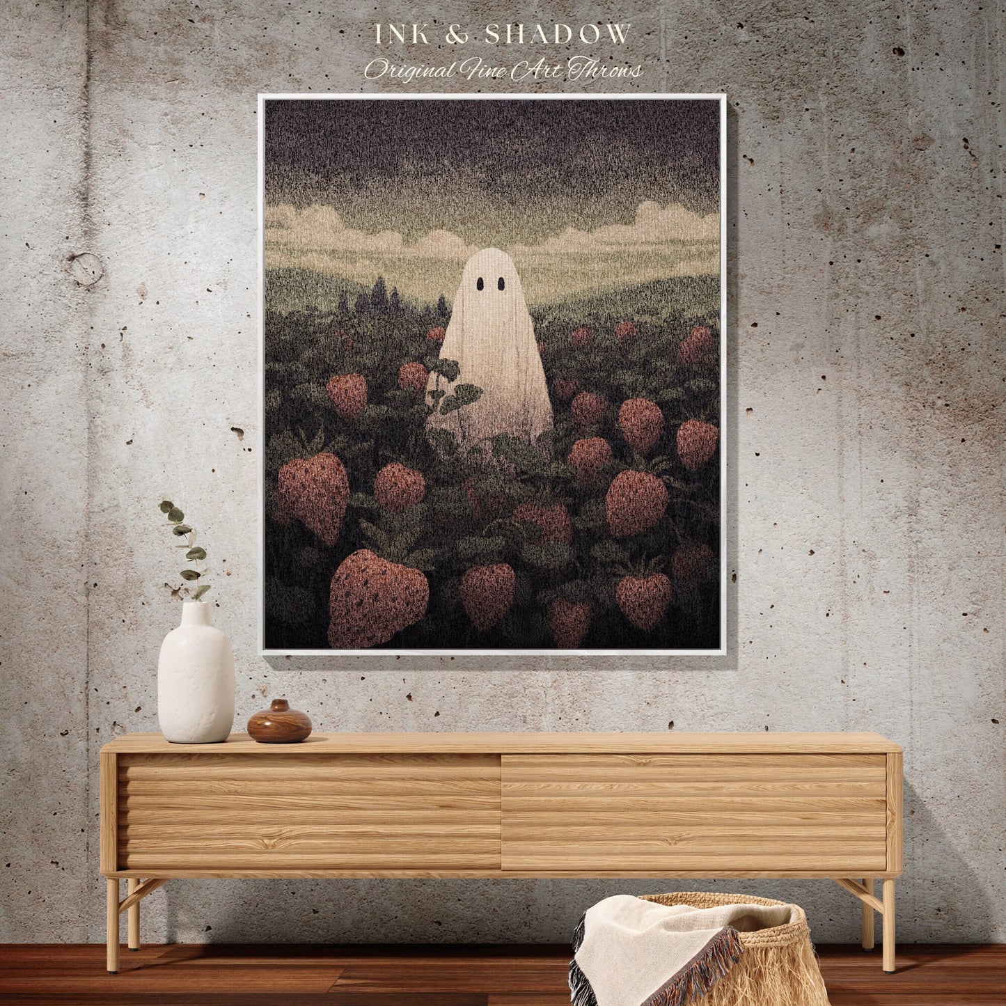 Ghost in Field of Strawberries Vintage Ghost Painting Tapestry Woven Blanket | Fine Art Cute Ghost Decor Dark Cottagecore Dorm Room Decor |