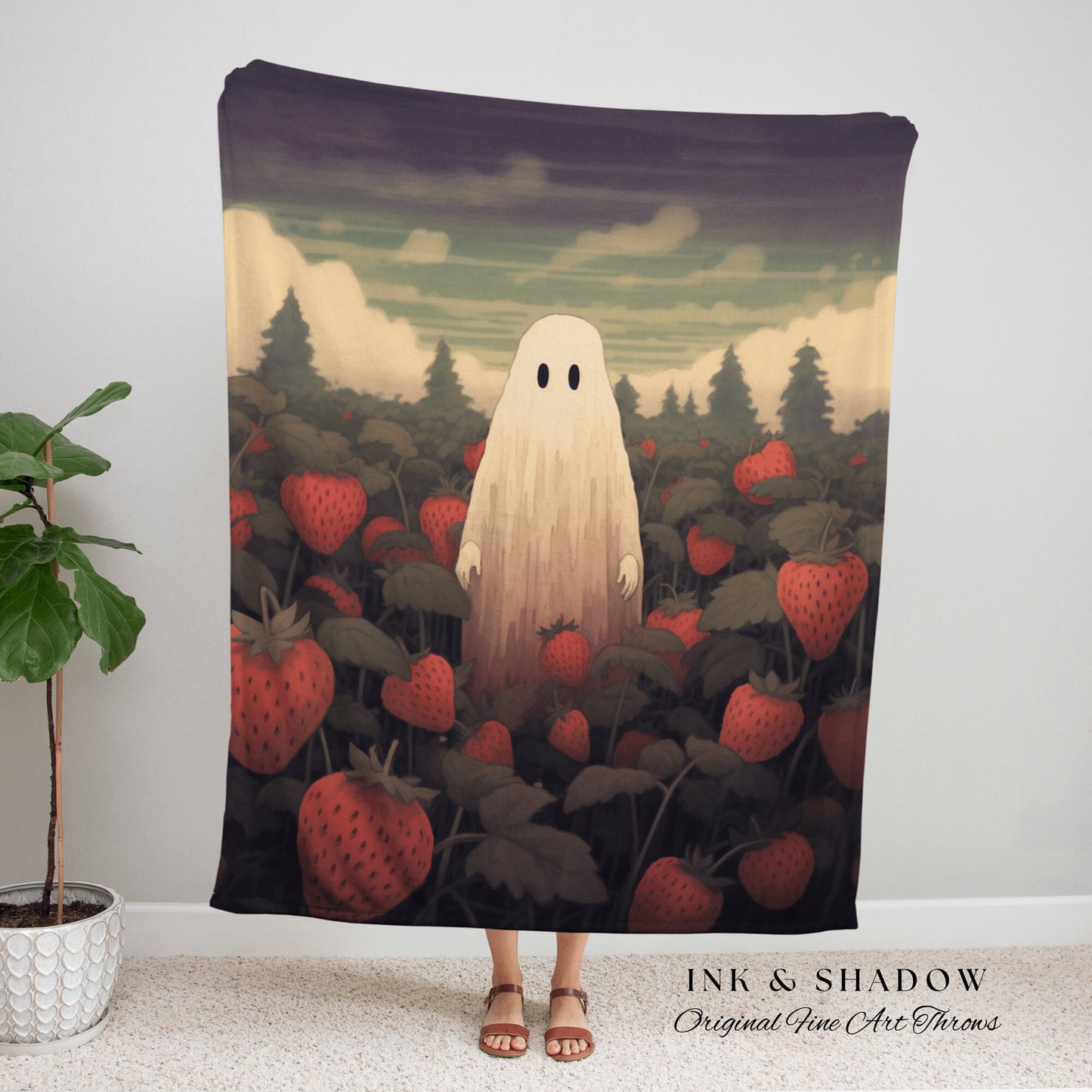 Ghost in Field of Strawberries Vintage Ghost Painting Tapestry Woven Blanket | Fine Art Cute Ghost Decor Dark Cottagecore Dorm Room Decor |