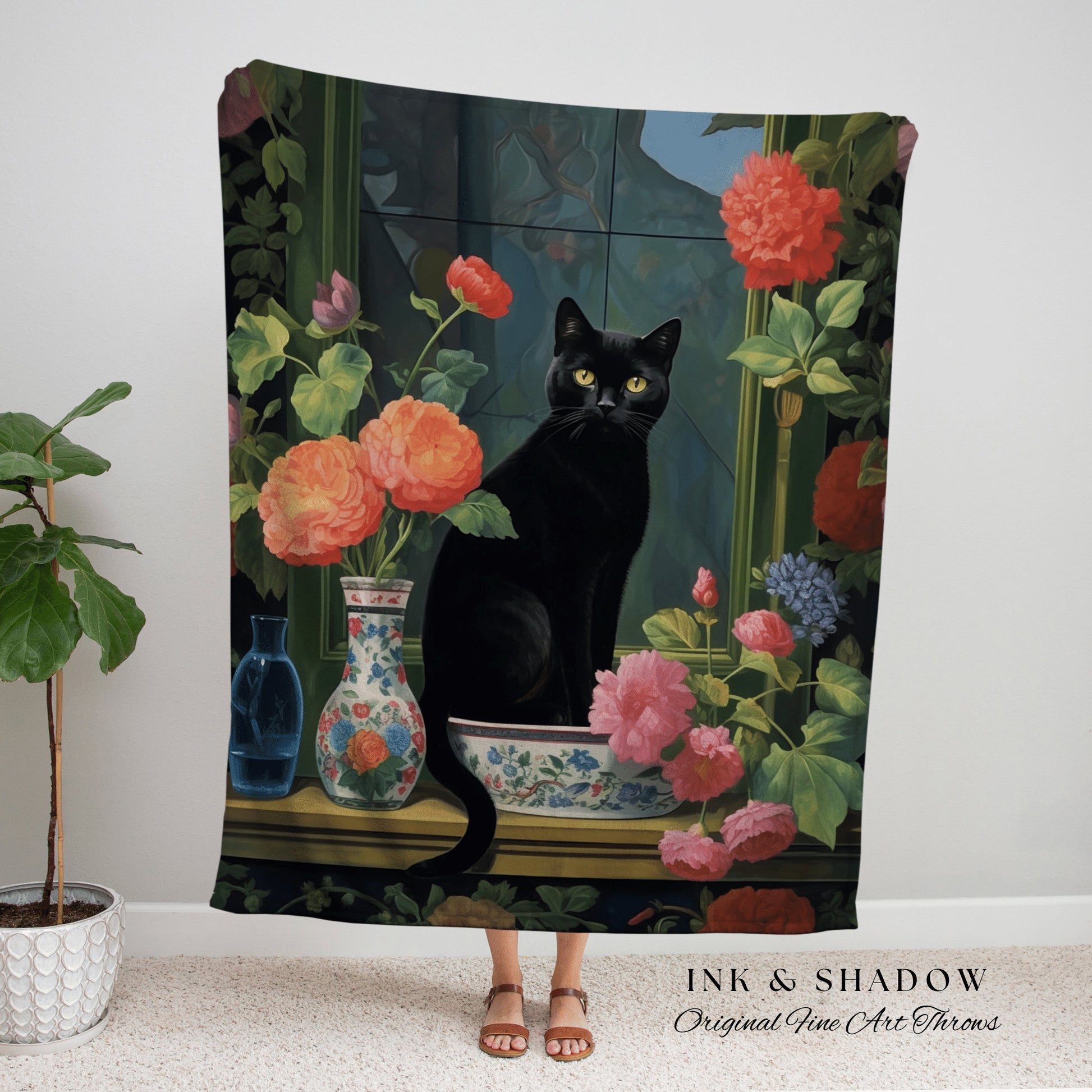 Floral Cat Blanket Woven Tapestry Gothic Decor | Dark Floral Black Cat Woven Blanket Fine Art Wall Art Funny Tapestry Whimsigoth Room Decor