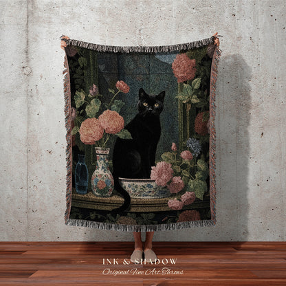 Floral Cat Blanket Woven Tapestry Gothic Decor | Dark Floral Black Cat Woven Blanket Fine Art Wall Art Funny Tapestry Whimsigoth Room Decor