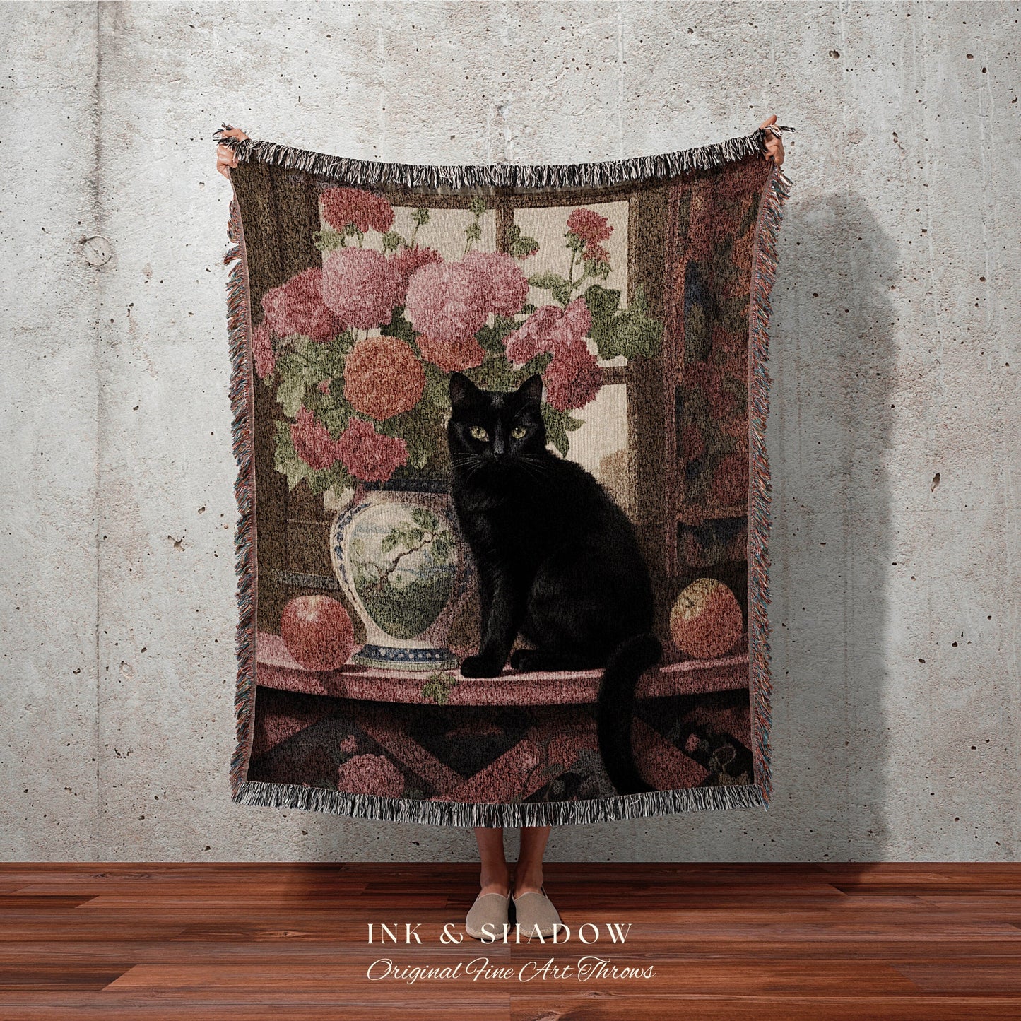 Black Cat Tapestry Woven Blanket Gothic Decor | Dark Floral Black Cat Woven Blanket | Fine Art Wall Art Funny Tapestry Whimsigoth Room Decor