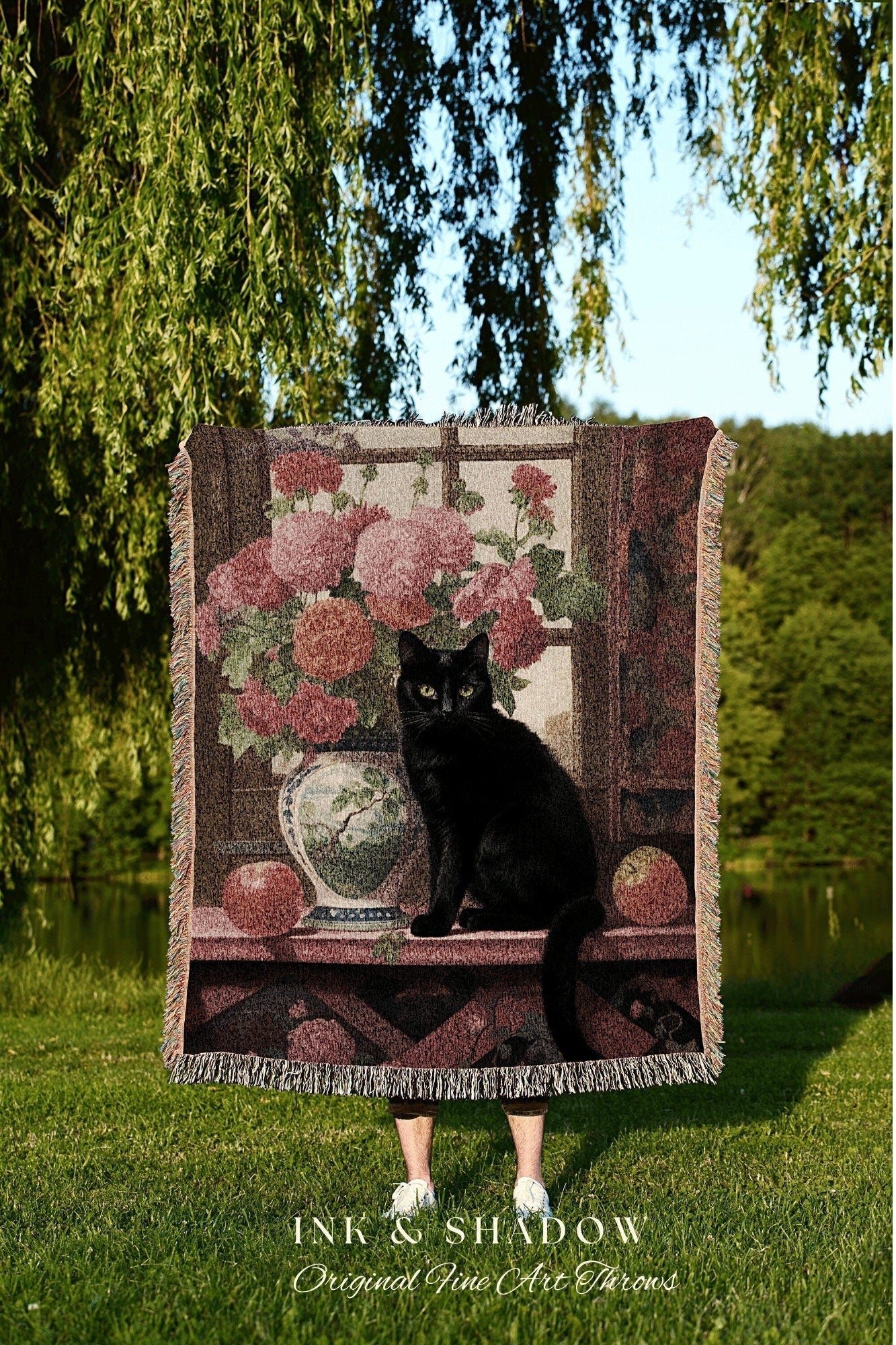 Black Cat Tapestry Woven Blanket Gothic Decor | Dark Floral Black Cat Woven Blanket | Fine Art Wall Art Funny Tapestry Whimsigoth Room Decor