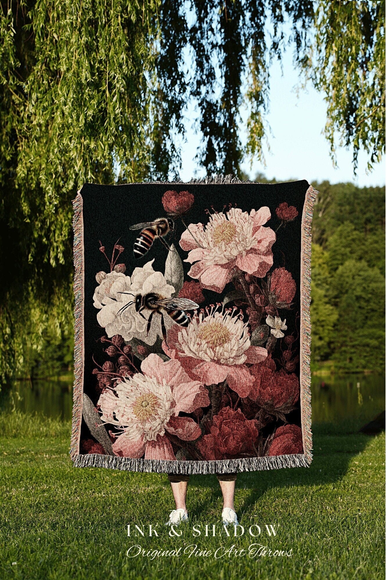 Victorian Gothic Bee Tapestry Woven Wall Hanging | Vintage Floral Painting Blanket Woven | Pastel Decor Bee Aesthetic Floral Dorm Room Decor