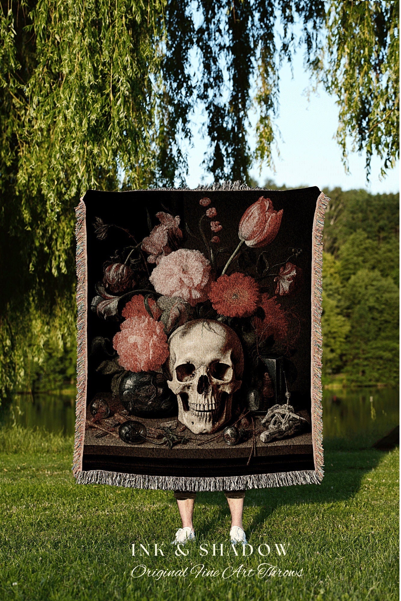 Still Life Skull Painting Tapestry Gothic Room Decor Tapestry Woven Wall Art | Renaissance Blanket Whimsigoth Room Decor Victorian Aesthetic