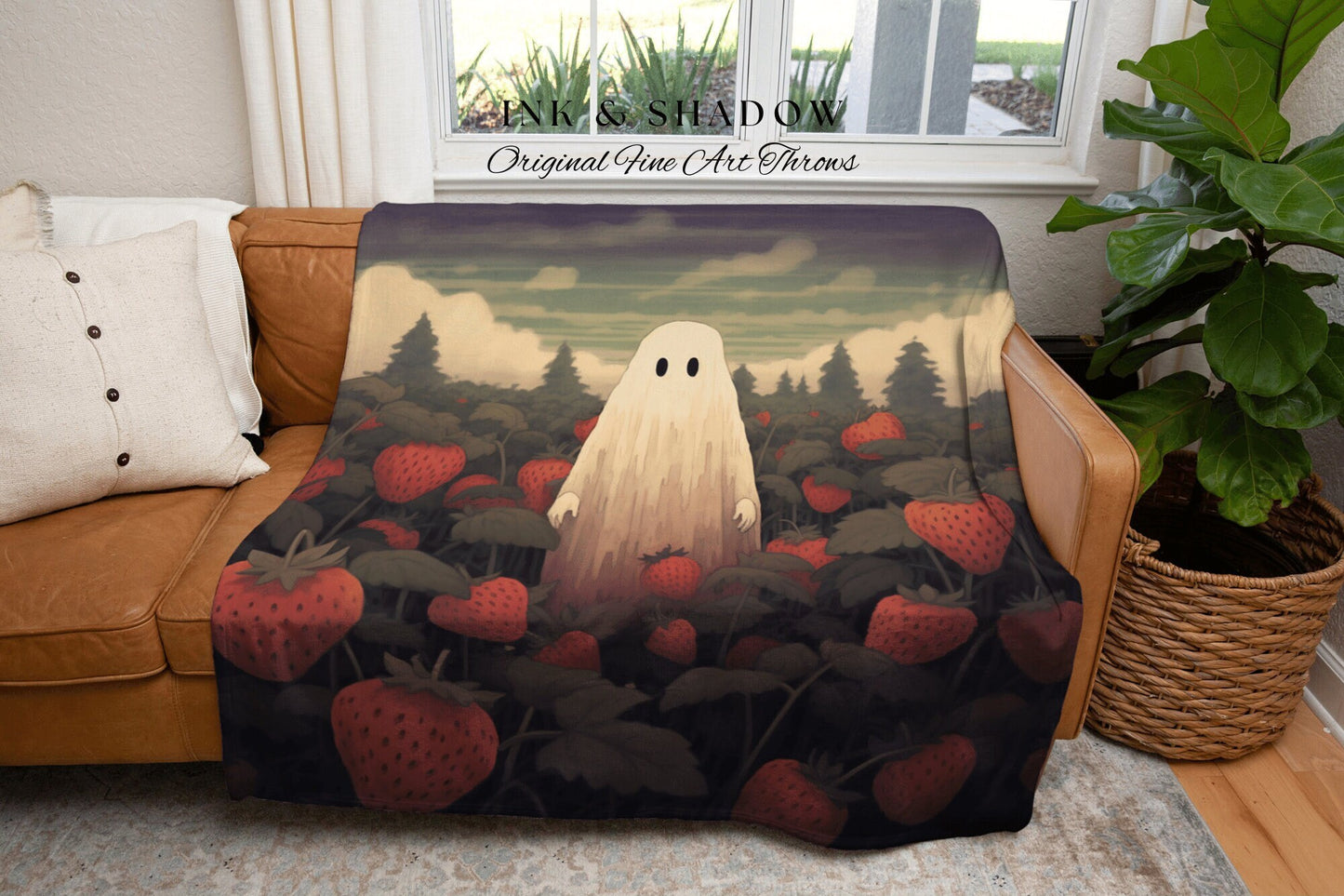 Ghost in Field of Strawberries Vintage Ghost Painting Tapestry Woven Blanket | Fine Art Cute Ghost Decor Dark Cottagecore Dorm Room Decor |