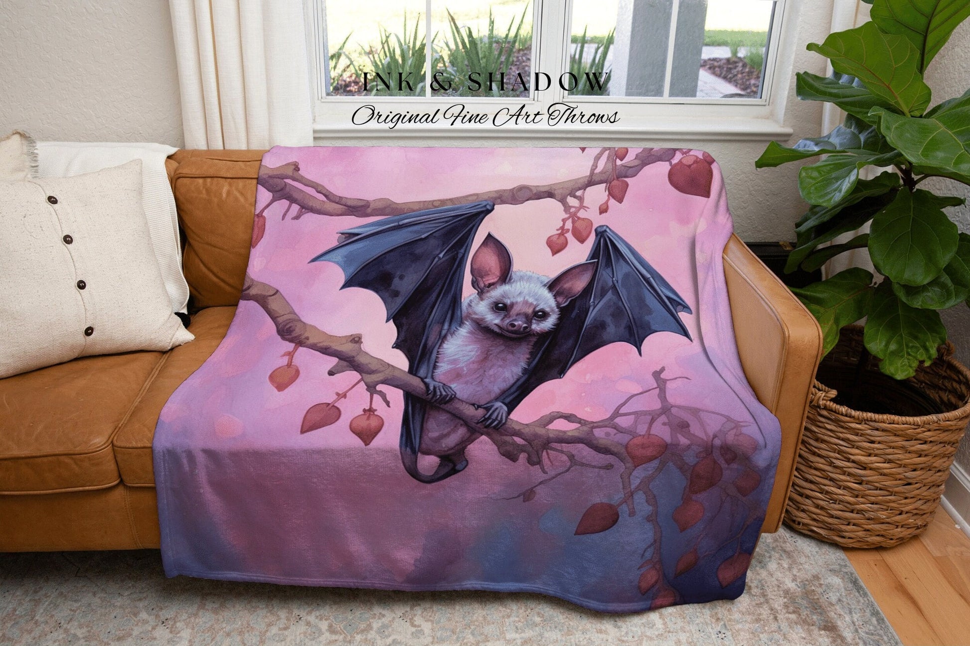 Cute Bat Tapestry Woven Blanket Whimsigoth Decor | Pastel Goth Tapestry Pink Bedroom Decor Fruit Bat Pink Pastel Wall Art Gothic Dorm Room