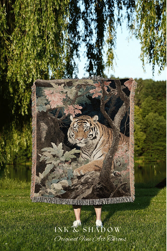 Tiger Painting Vintage Tapestry Woven Wall Hanging | Gothic Renaissance Blanket Woven | Whimsigoth Room Decor Jungle Aesthetic Art Blanket |