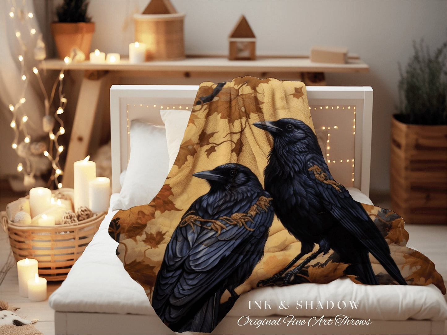 Autumn Crows Tapestry Gothic Blanket Whimsigoth Decor Dark Cottagecore Tapestry Raven Home Decor | Crowcore Woven Goth Blanket Witchy Dorm |