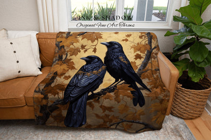 Autumn Crows Tapestry Gothic Blanket Whimsigoth Decor Dark Cottagecore Tapestry Raven Home Decor | Crowcore Woven Goth Blanket Witchy Dorm |