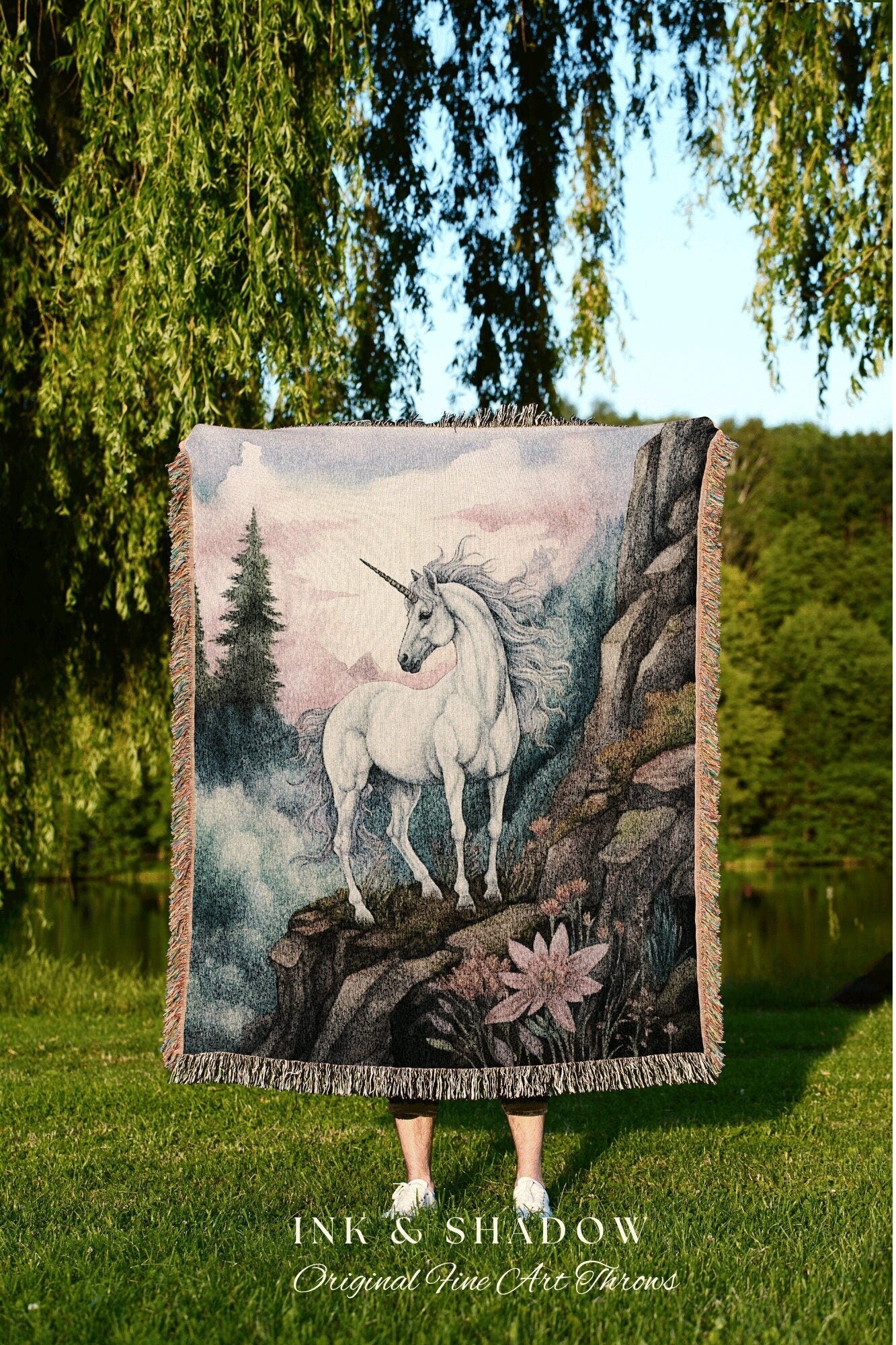 Pastel Landscape Unicorn Wall Art Ethereal Room Decor Vintage Cottagecore | Fairycore Aesthetic Room Decor Magical Tapestry Unicorn Room Art