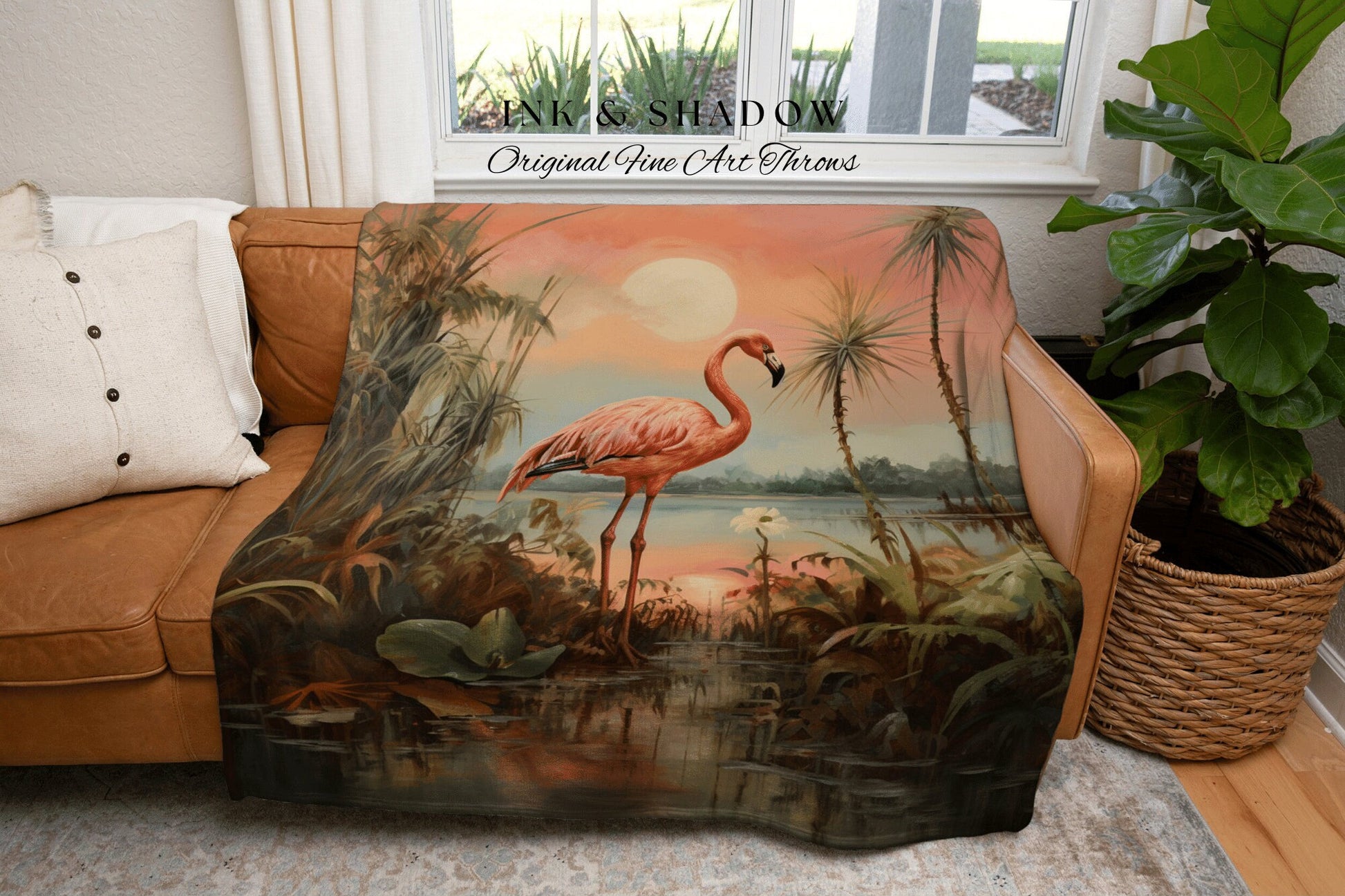 Flamingo Painting Tropical Tapestry Woven Wall Hanging | Jungle Aesthetic Beachy Blanket Woven | Flamingo Home Decor Beach House Blanket |