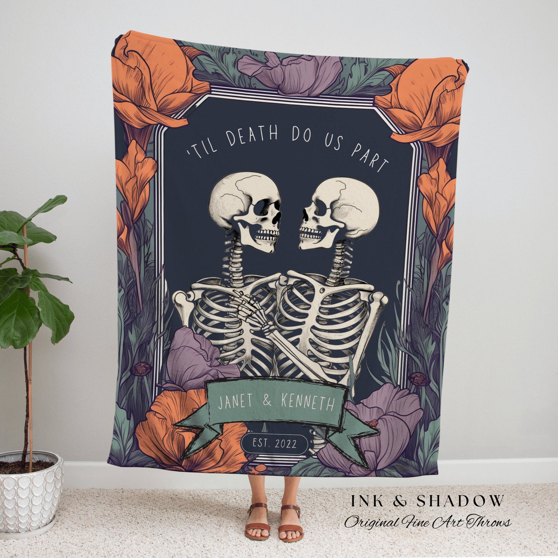 Couple Gift 'Til Death Do Us Part' | Personalized Tapestry Gothic Wedding Custom Blanket Woven Tapestry Skeleton Couple Gift Wedding Custom