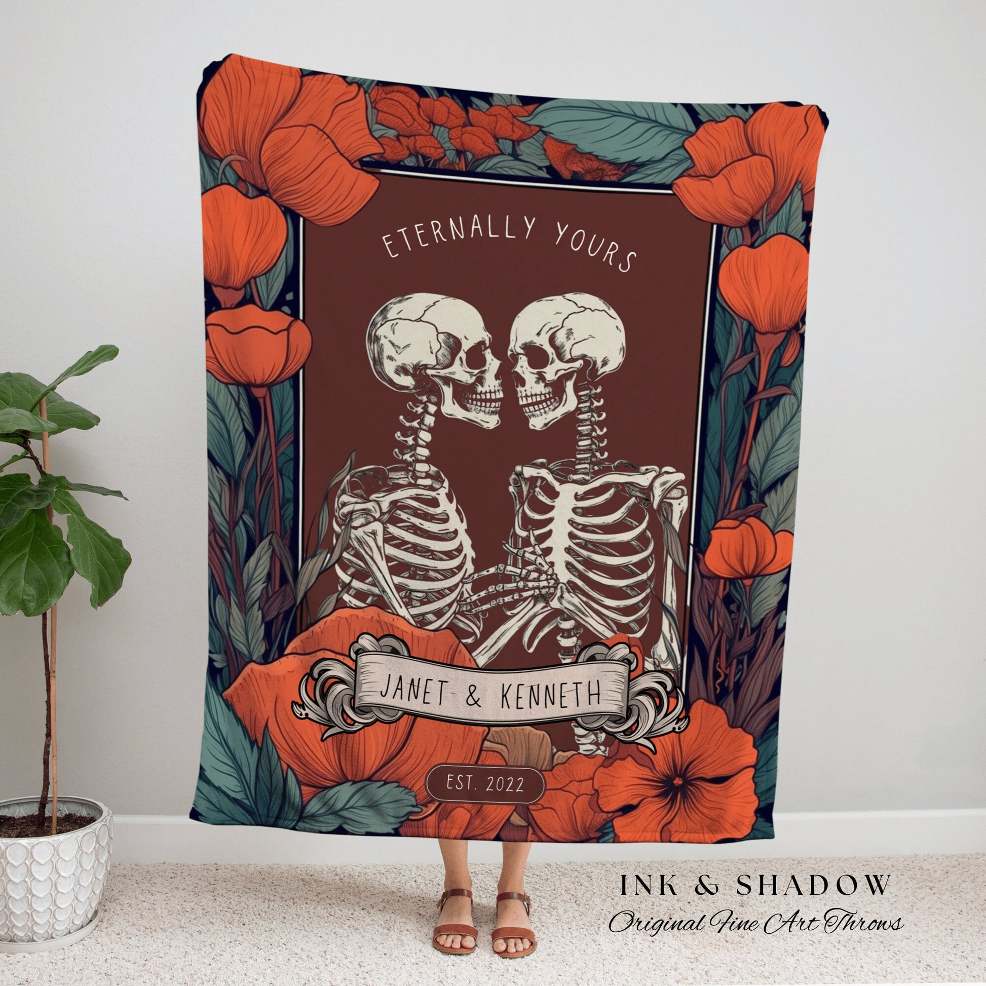 Eternally Yours Skeleton Couple Gift Personalized Tapestry | Gothic Wedding Custom Blanket Woven Tapestry | Spooky Wedding Gift Custom Art |