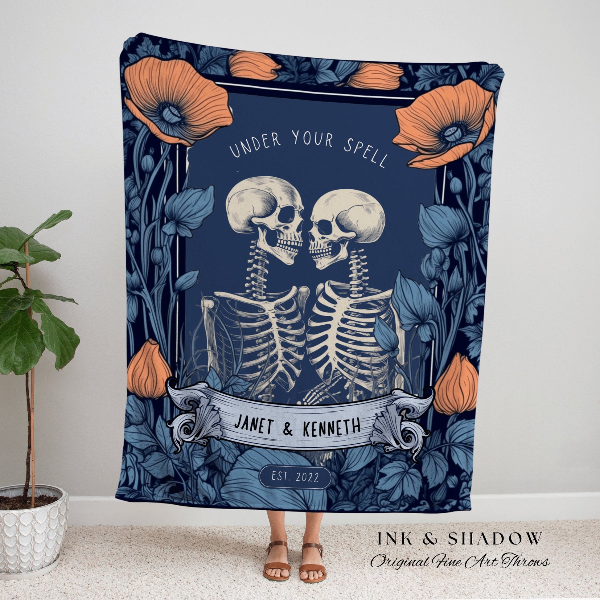 Custom Skeleton Couple Gift 'Under Your Spell' Personalized Tapestry | Gothic Wedding Custom Blanket Woven | Halloween Wedding Gift Custom