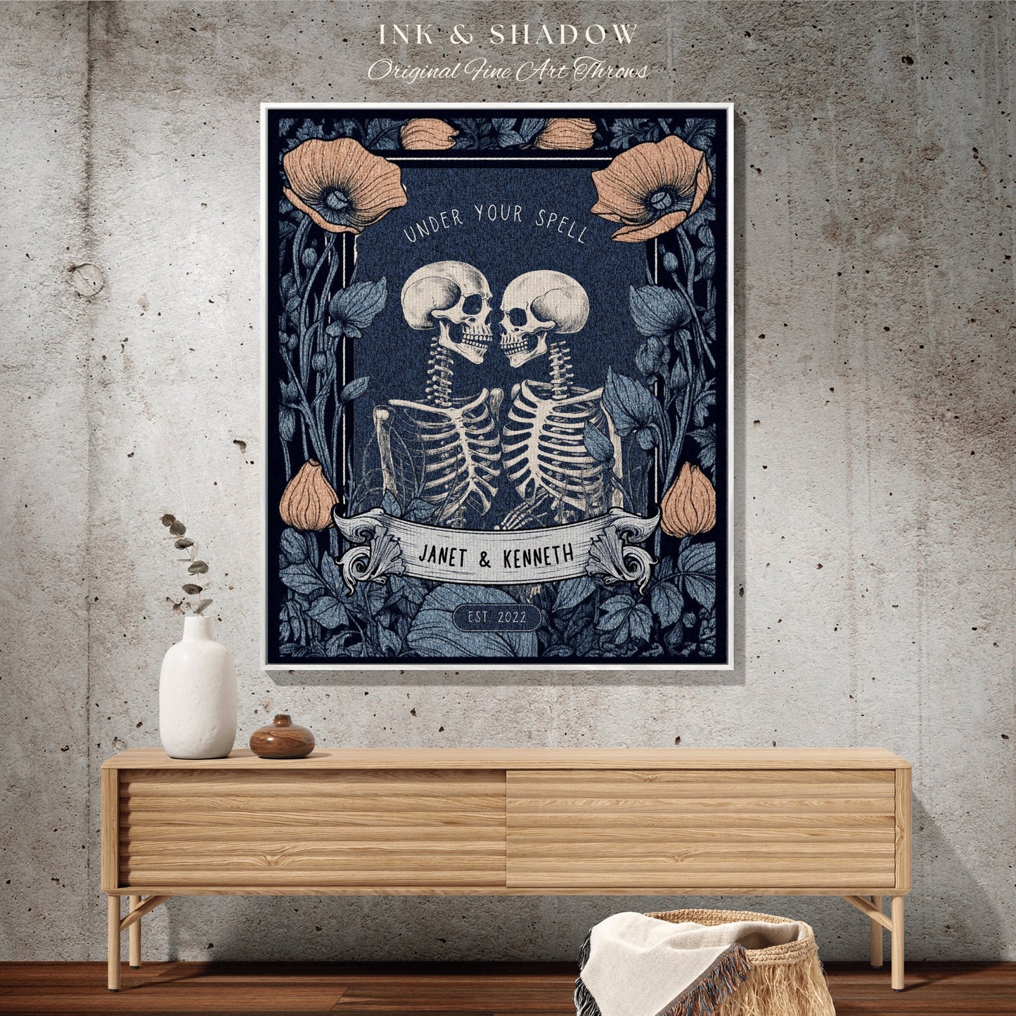 Custom Skeleton Couple Gift 'Under Your Spell' Personalized Tapestry | Gothic Wedding Custom Blanket Woven | Halloween Wedding Gift Custom