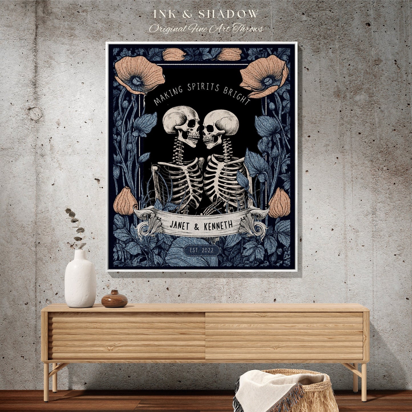 Skeleton Couple Custom Gift 'Making Spirits Bright' Personalized Tapestry | Gothic Wedding Custom Blanket Woven | Spooky Wedding Gift Custom